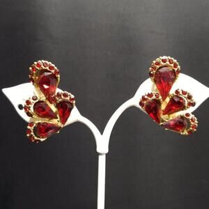 Ruby Red Rhinestone Clip Earrings Gold Tone Teardrop 1960s Vintage Jewelry